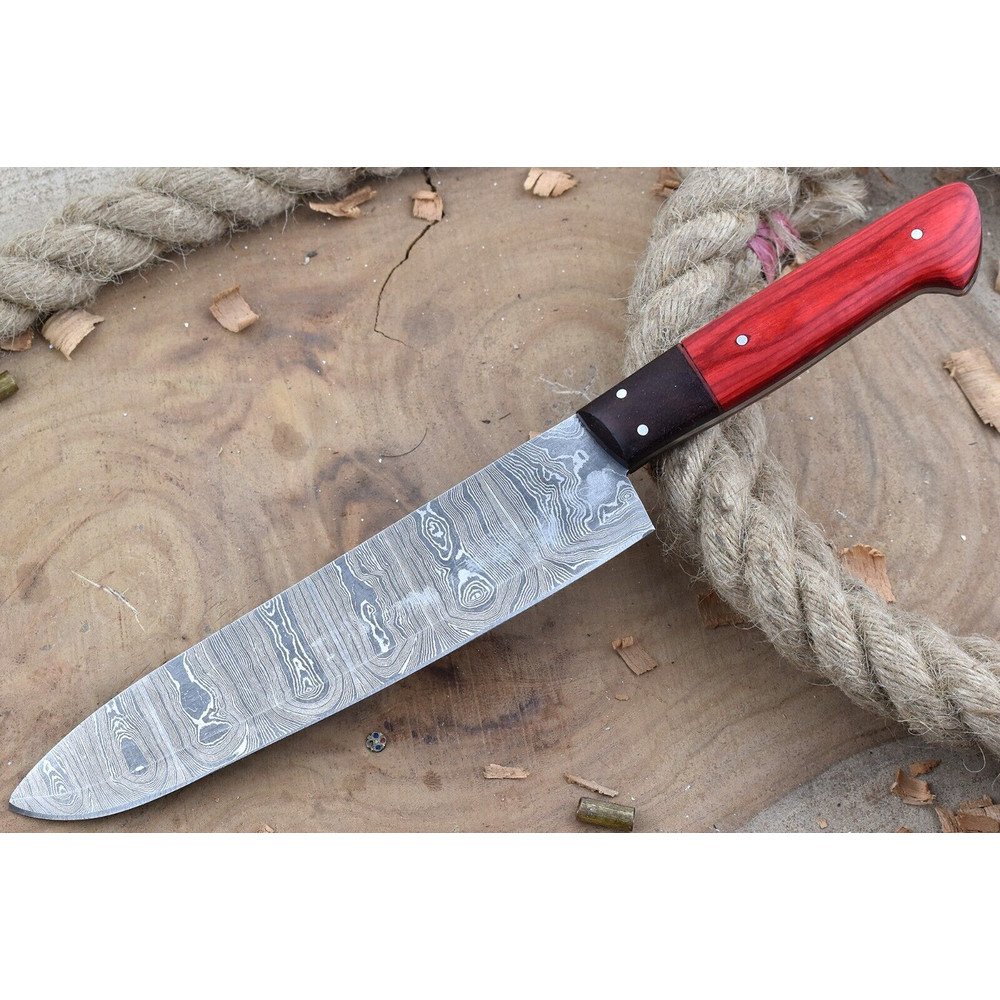 Custom Handmade Damascus Kitchen Knife Rosewood Grip Leather Cover 3