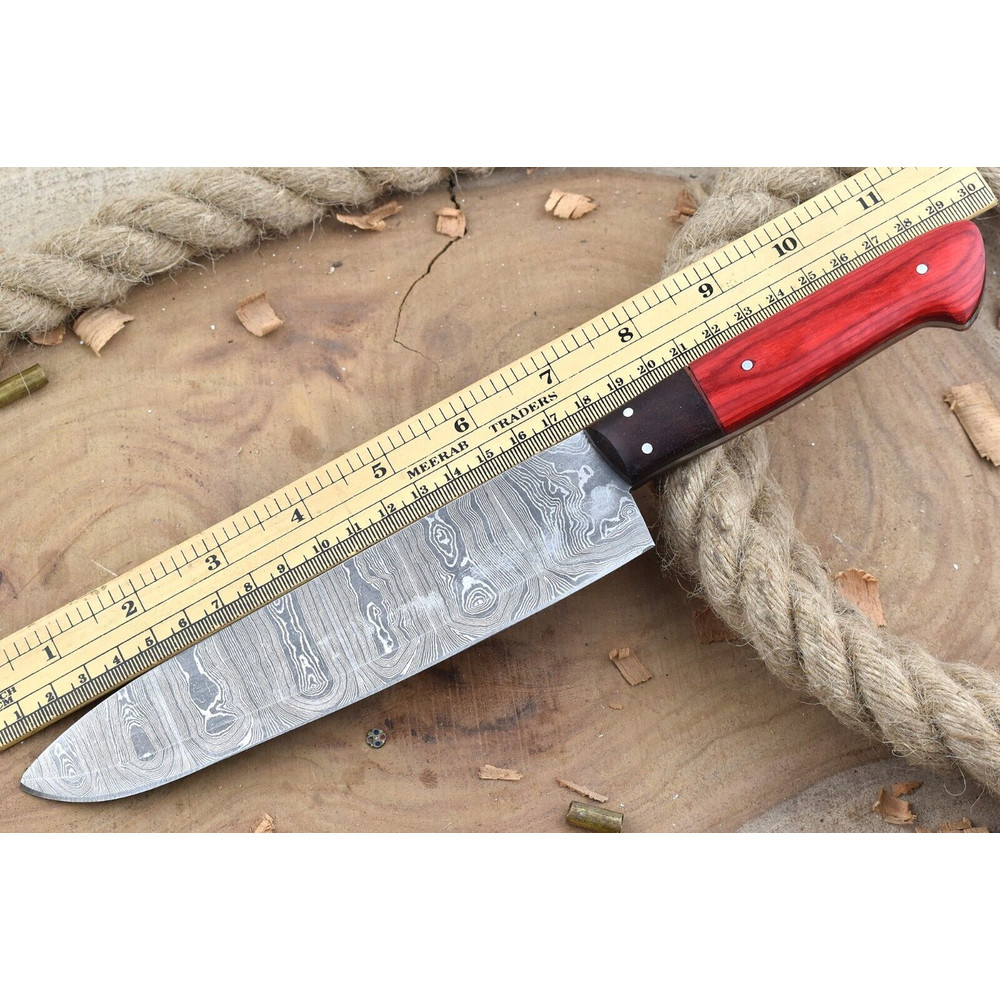 Custom Handmade Damascus Kitchen Knife Rosewood Grip Leather Cover 0