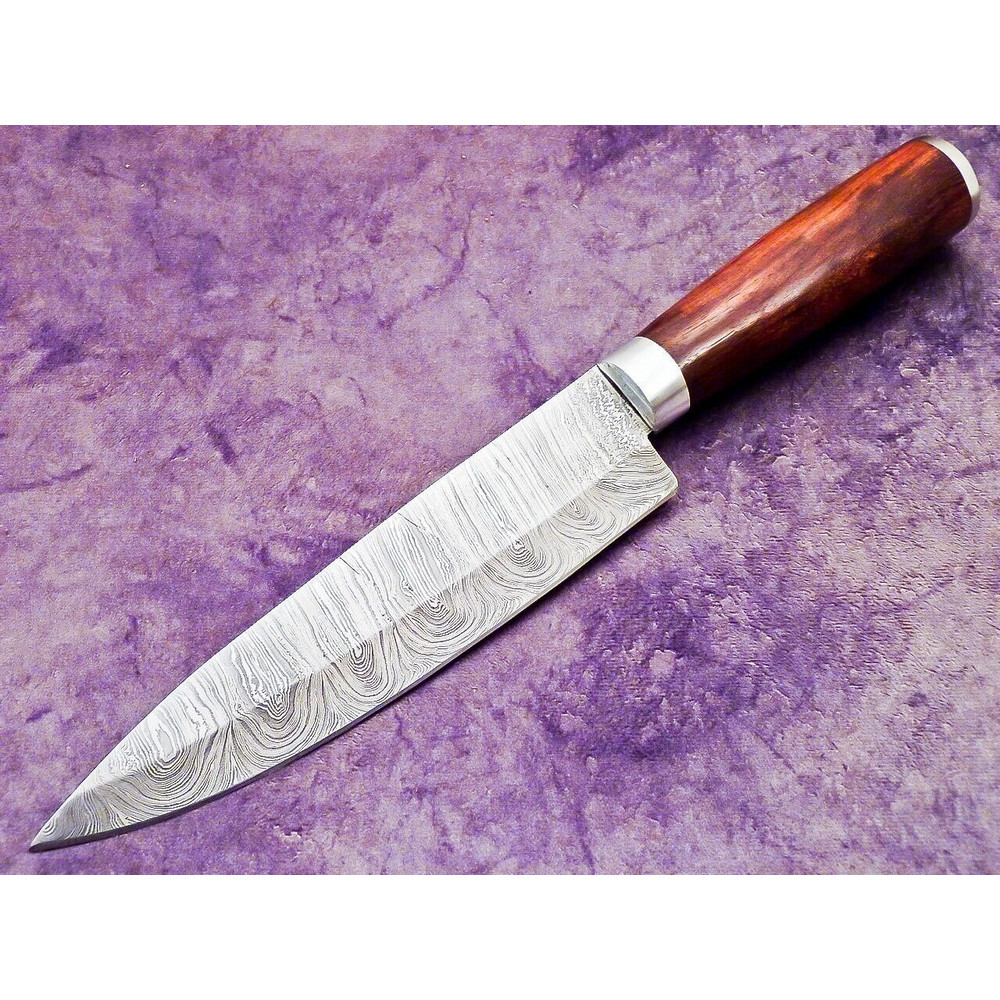 Hand Forged Damascus Steel Chef Knife With Wooden Handle  Leather Sheath 0