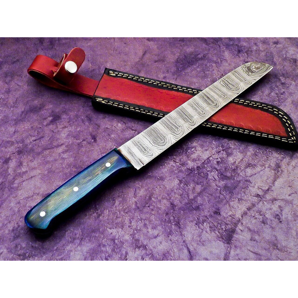 Professional Damascus Steel Chef Knife  Polished Wooden Handle  Leather Sheath 1