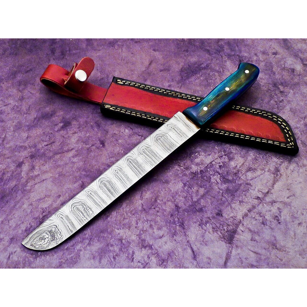 Professional Damascus Steel Chef Knife  Polished Wooden Handle  Leather Sheath 2