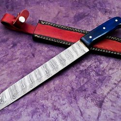 professional damascus steel chef knife | polished wooden handle & leather sheath