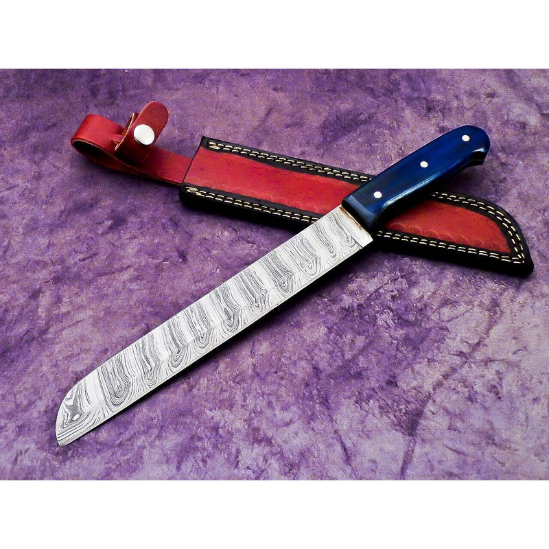 Professional Damascus Steel Chef Knife  Polished Wooden Handle  Leather Sheath 0