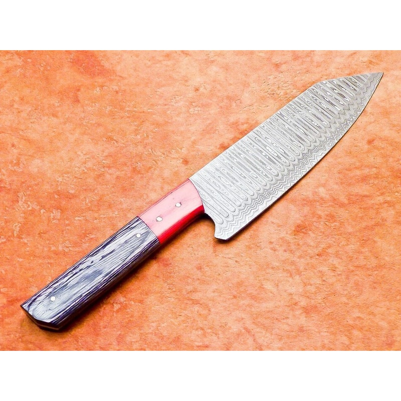 Custom Damascus Culinary Knife Wooden Grip Chef Knife With Leather Sheath 1
