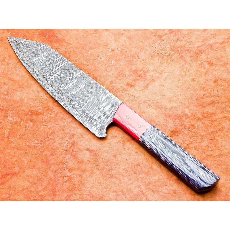 Custom Damascus Culinary Knife Wooden Grip Chef Knife With Leather Sheath 5