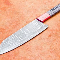 custom damascus culinary knife | wooden grip chef knife with leather sheath