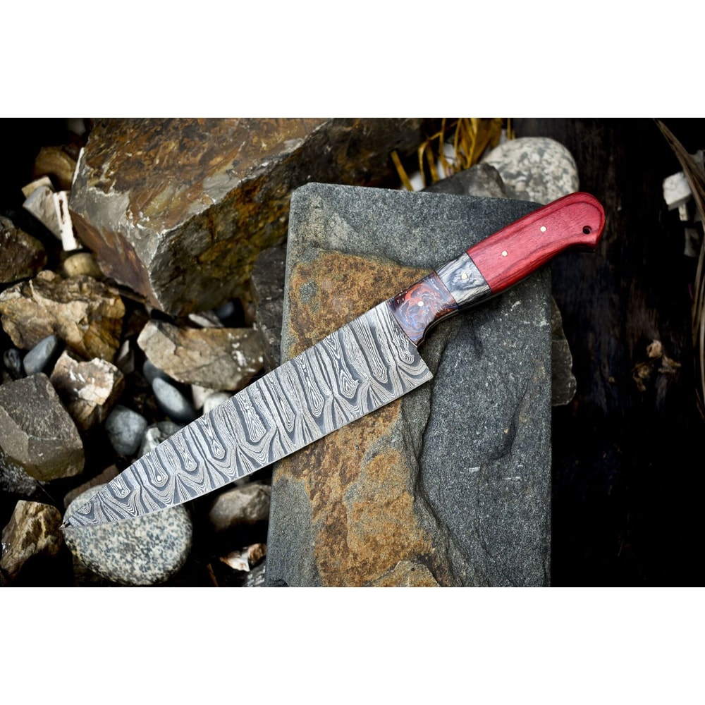 Custom Handmade Twist Damascus Steel Chef Knife With Walnut Wood Handle Outdoor Kitchen Knife 0