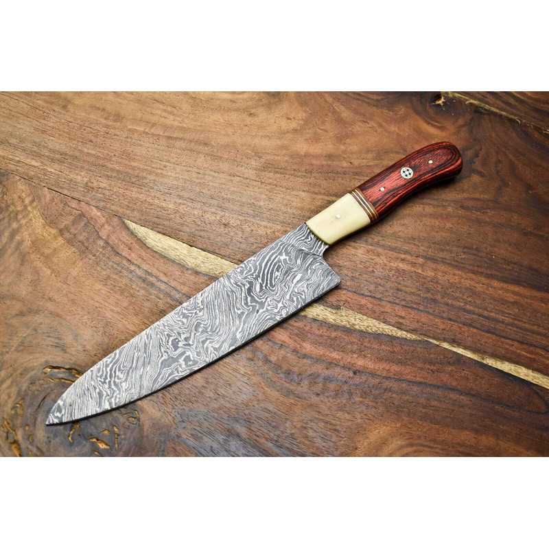 Custom Damascus Steel Kitchen Knife  Handcrafted Full Tang Chef  Outdoor Knife 0