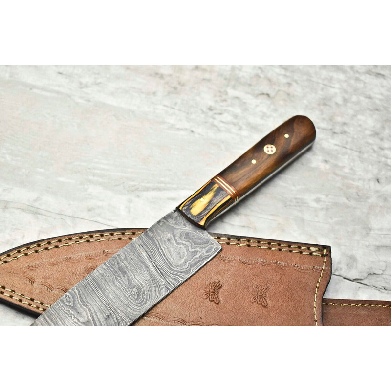 Custom Damascus Steel Chef Knife  12 Inch Forged Blade With Brass  Wood Handle 1