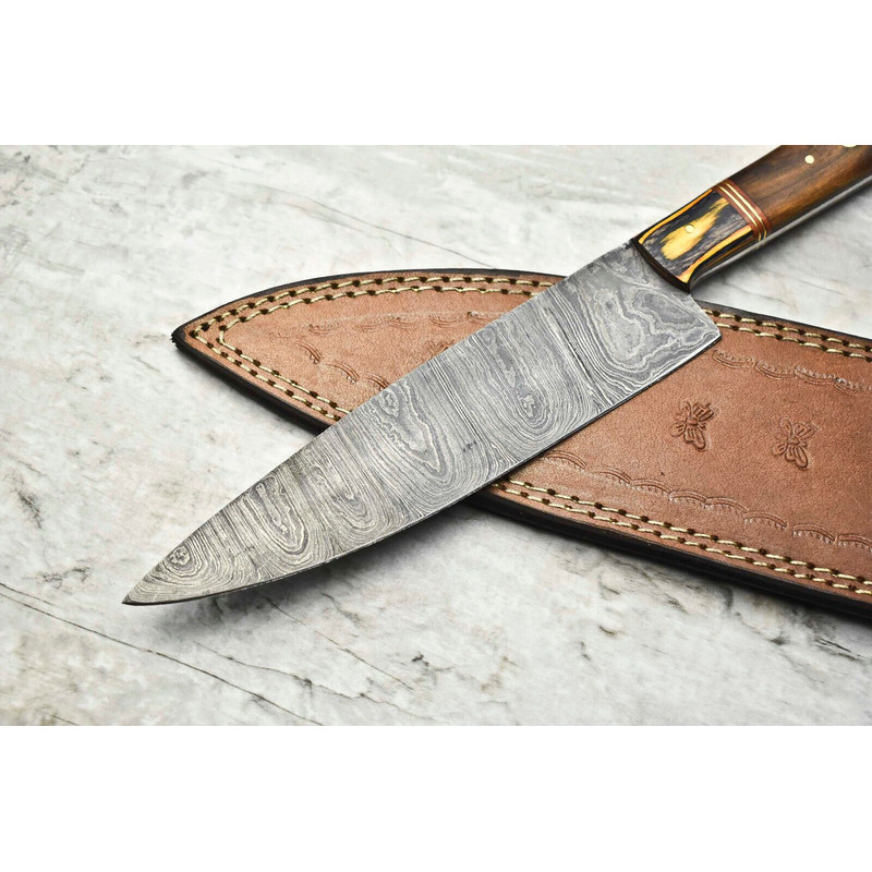 Custom Damascus Steel Chef Knife  12 Inch Forged Blade With Brass  Wood Handle 3