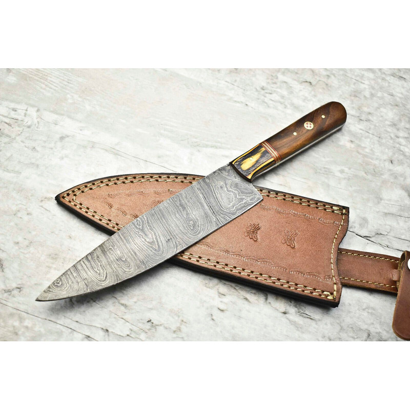 Custom Damascus Steel Chef Knife  12 Inch Forged Blade With Brass  Wood Handle 0