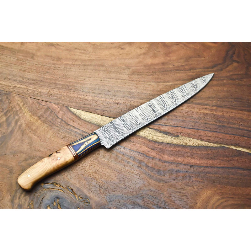 Damascus Steel Chef Knife 12  Handmade Full Tang Kitchen Knife Walnut Wood 3