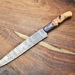 damascus steel chef knife 12" | handmade full tang kitchen knife walnut wood