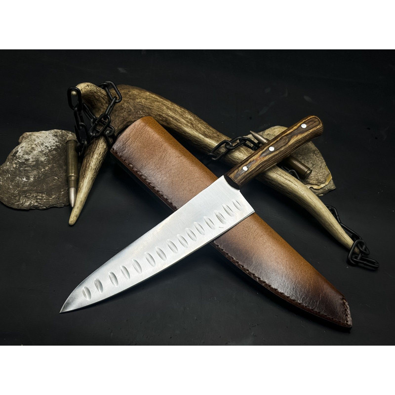 Handmade J2 Steel Kitchen Chef Knife  Wood Handle  Leather Sheath 0