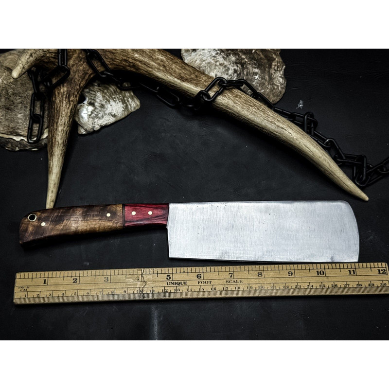 Handmade Carbon Steel Cleaver Knife  Wooden Handle  Leather Sheath 1