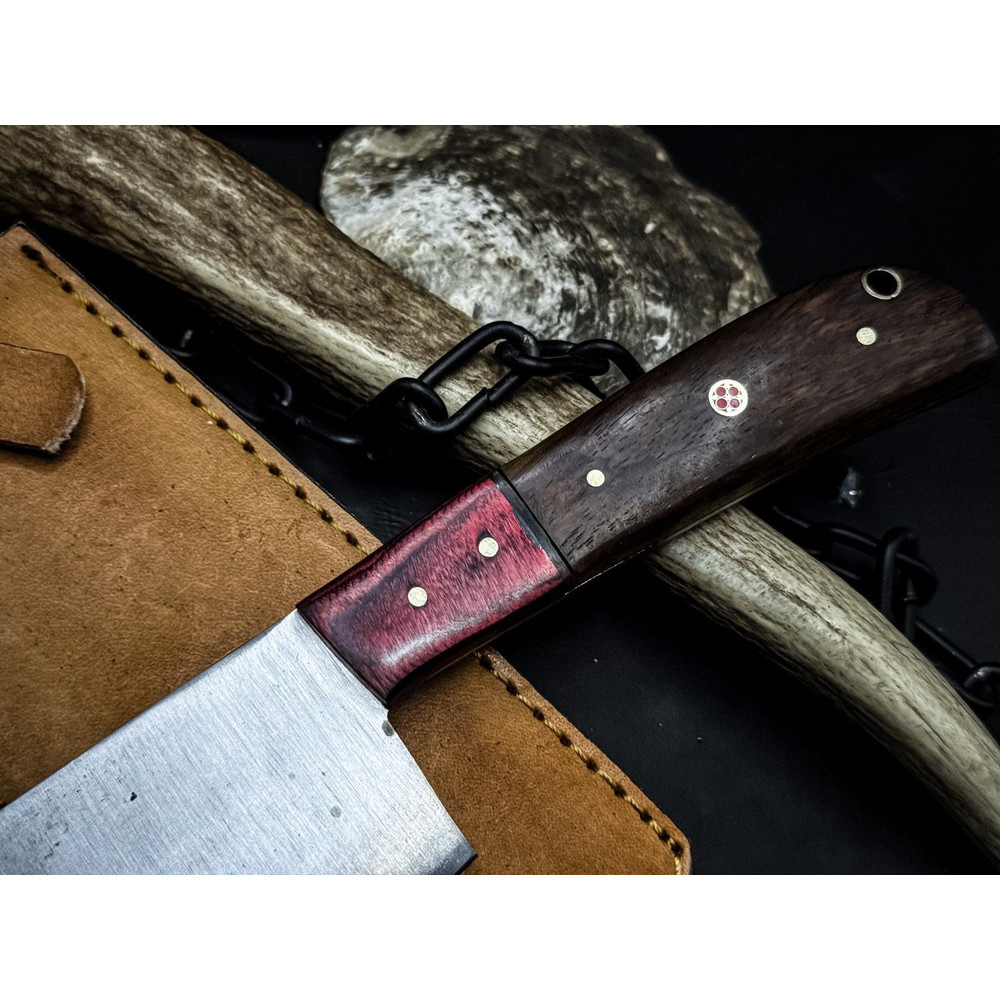 Handmade Carbon Steel Cleaver Knife  Wooden Handle  Leather Sheath 2