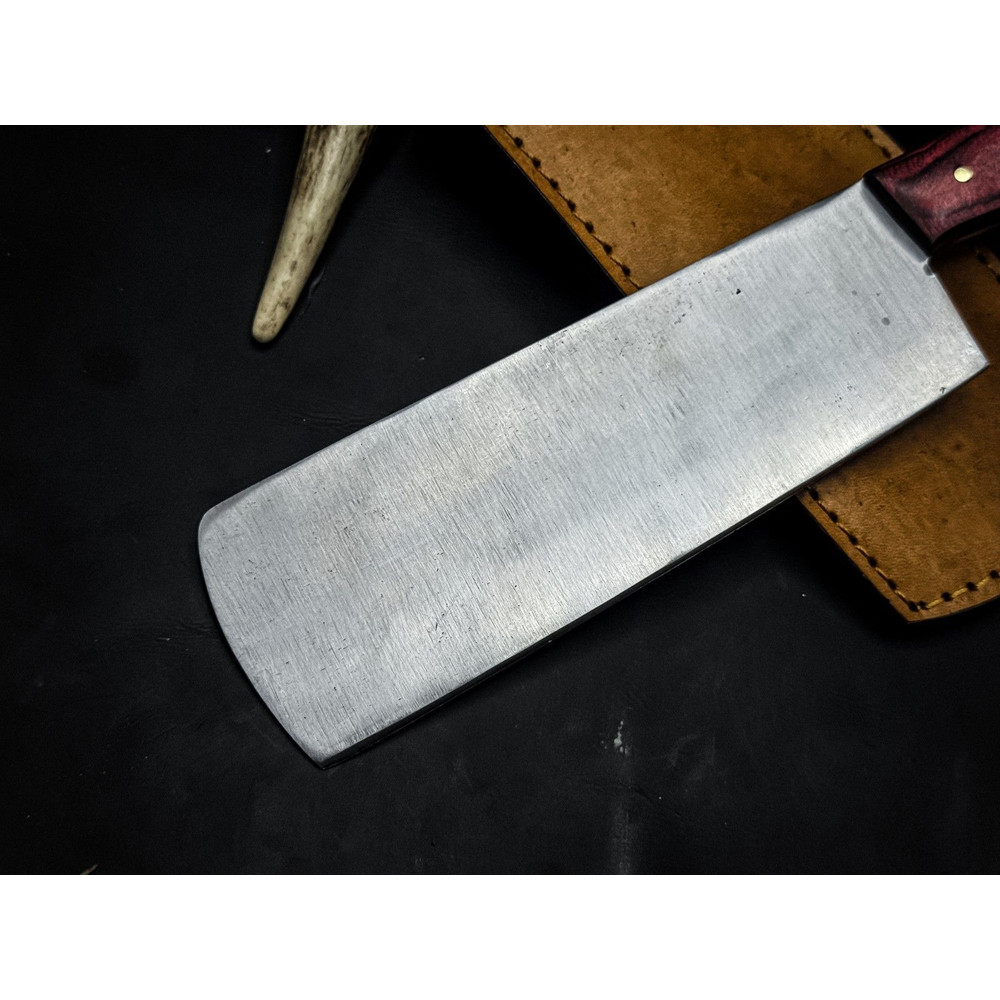 Handmade Carbon Steel Cleaver Knife  Wooden Handle  Leather Sheath 3