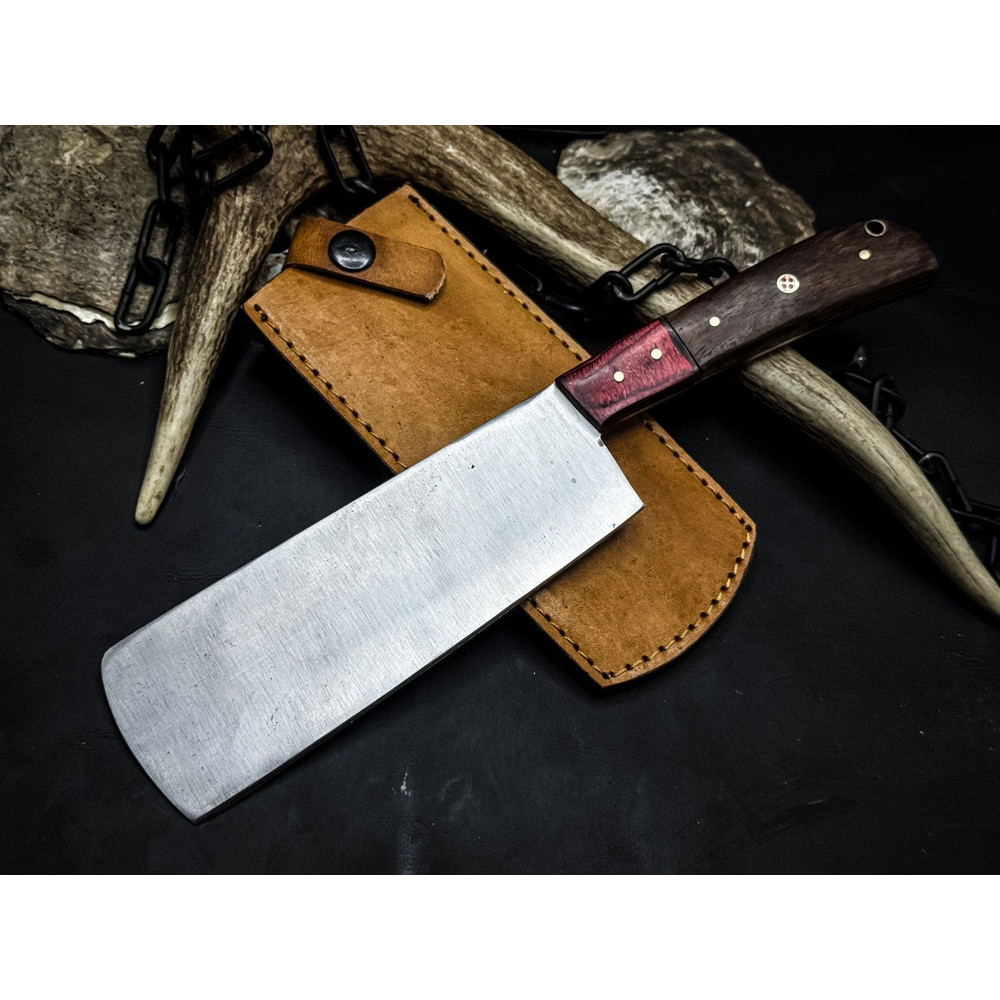 Handmade Carbon Steel Cleaver Knife  Wooden Handle  Leather Sheath 0