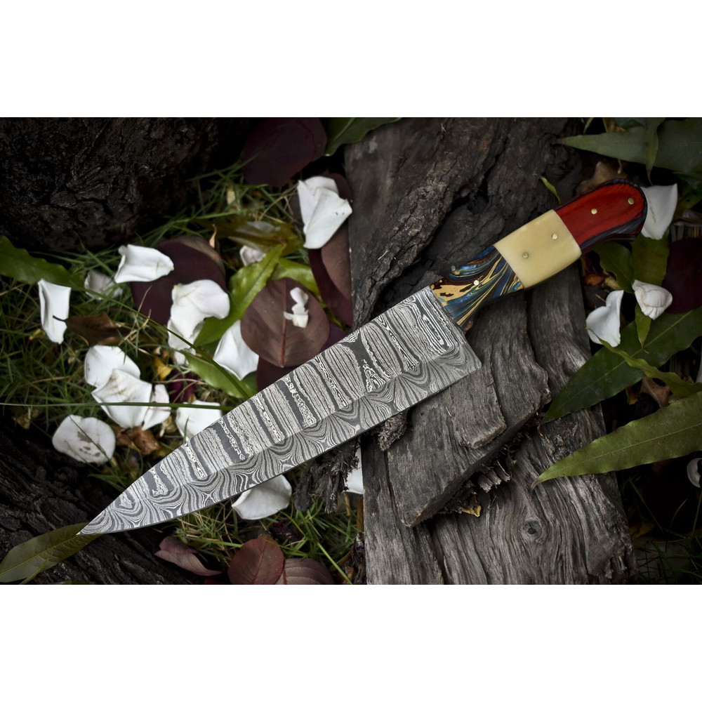 Hand Forged Twist Damascus Chef Knife  Bone  Wood Handle  13 Kitchen Knife 0