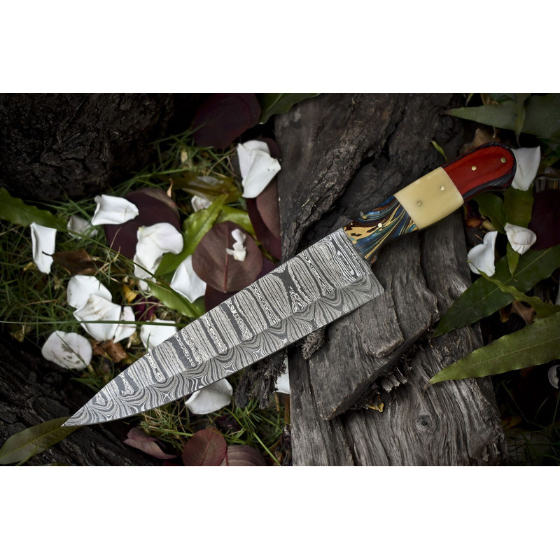 Hand Forged Twist Damascus Chef Knife  Bone  Wood Handle  13 Kitchen Knife 0