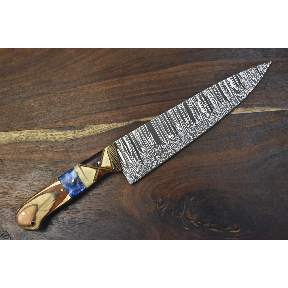 Hand Forged Damascus Steel Chef Knife  Twist Pattern Blade Hardwood Handle EDC Gift 1