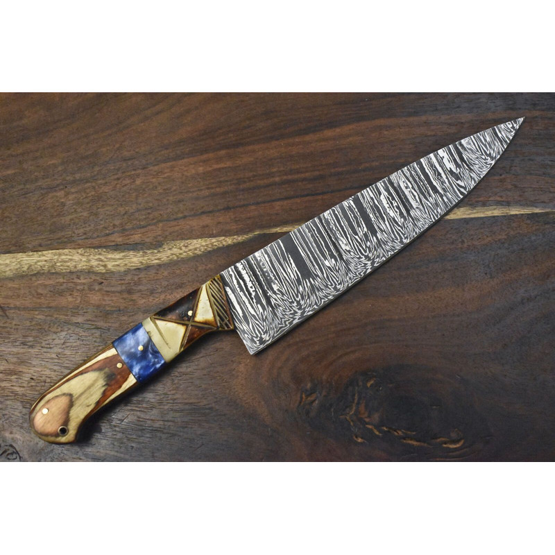 Hand Forged Damascus Steel Chef Knife  Twist Pattern Blade Hardwood Handle EDC Gift 1