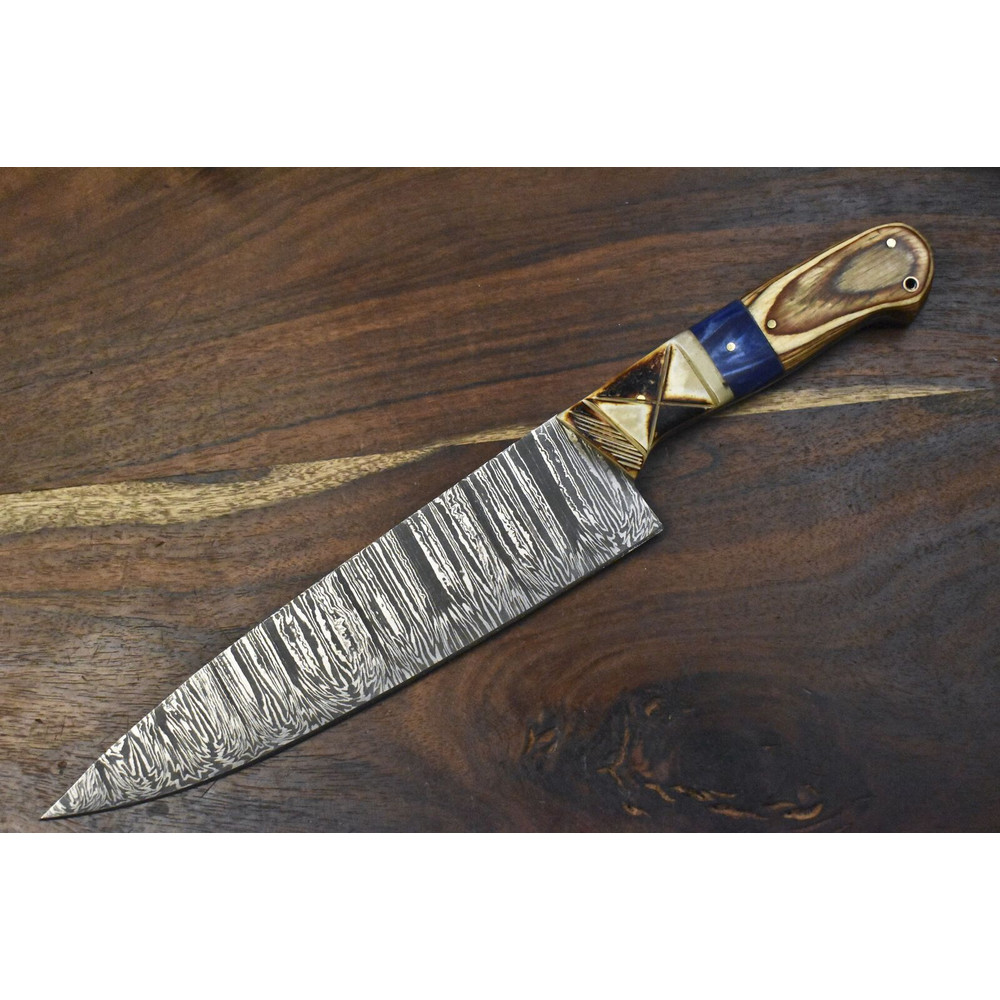 Hand Forged Damascus Steel Chef Knife  Twist Pattern Blade Hardwood Handle EDC Gift 0