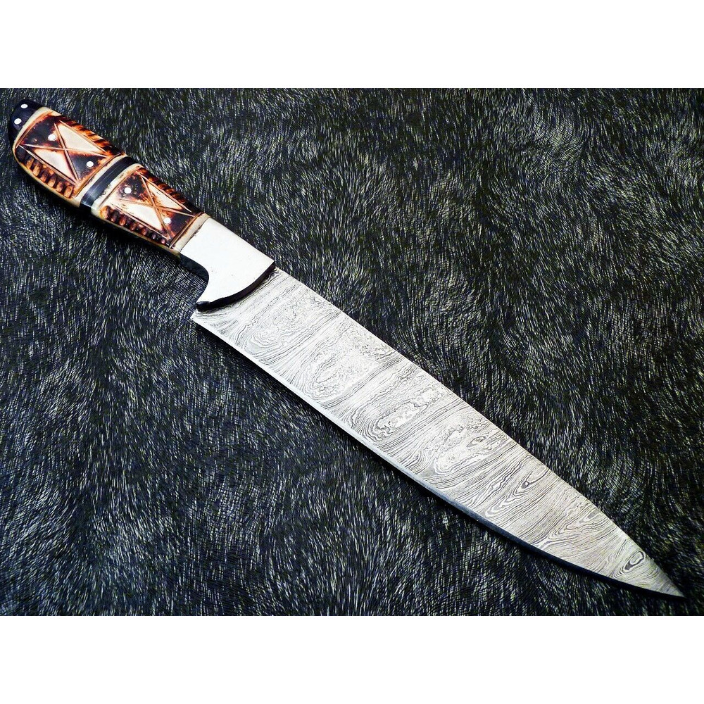 CUSTOM HANDMADE 13 DAMASCUS STEEL CHEF KNIFE ENGRAVED CAMEL BONE HANDLE 3