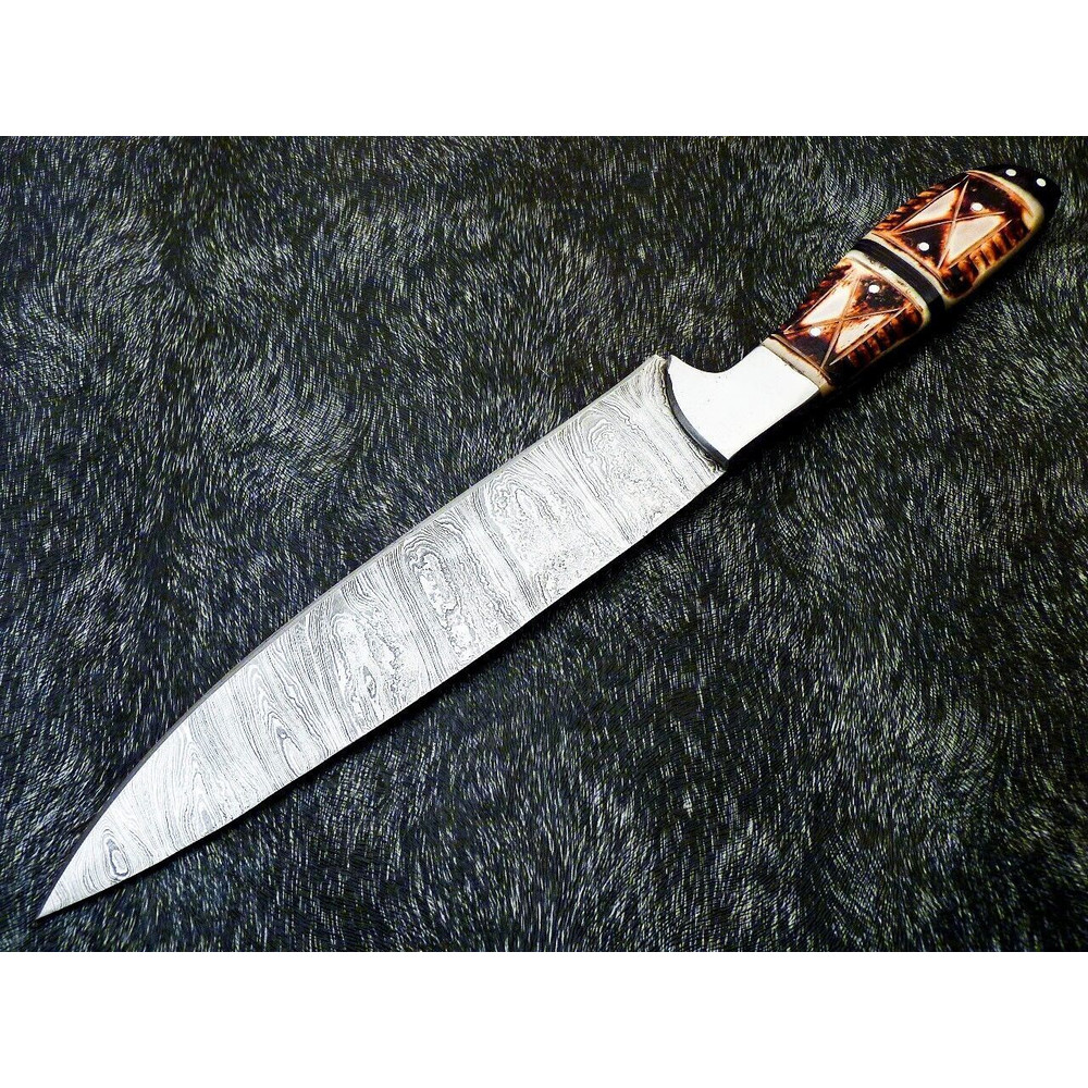 CUSTOM HANDMADE 13 DAMASCUS STEEL CHEF KNIFE ENGRAVED CAMEL BONE HANDLE 1