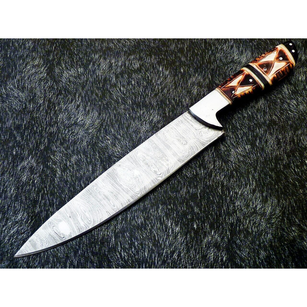 CUSTOM HANDMADE 13 DAMASCUS STEEL CHEF KNIFE ENGRAVED CAMEL BONE HANDLE 2