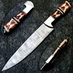 custom handmade 13" damascus steel chef knife – engraved camel bone handle