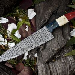 13" handmade twist damascus chef knife – bone & wood handle outdoor kitchen knife