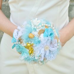 Light blue, white and gold shabby chic wedding bouquet
