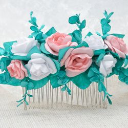 White and pink roses and turquoise greenery hair comb
