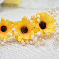 Sunflowers and baby's breath hair pins. Wedding hair piece. Bridal hair accessories