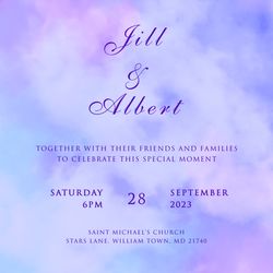 Blue and purple clouds wedding invitation, save the date PSD template