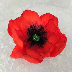 Artificial cloth red poppy flower for dresses, hats, bags, crafts, decorations, stumpwork embroidery. Satin ribbon