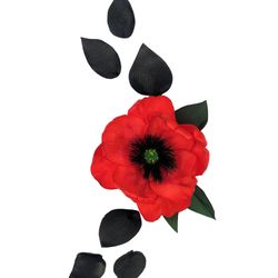 Red faux poppy flower with black and green leaves set. Fabric embellishments for clothing. Satin ribbon flower for craft