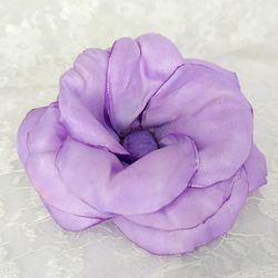 Artificial cloth light purple flower. Satin ribbon flower for clothing. Sewing embellishment for dress. Floral decor
