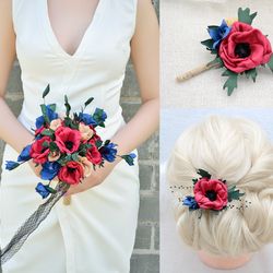 Set navy blue, burgundy, beige wedding bouquet, hair pin and boutonniere.