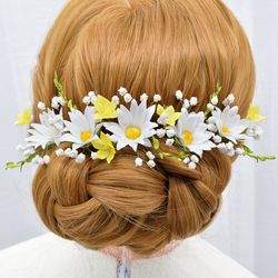 White daisy, baby's breath, small yellow wildflowers and greenery hair pins. Bridal hair pieces.