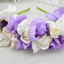 Irises, peony, anemone, lavender flower crown. Wedding hairband. Bridal hair accessories. Bride to be headband