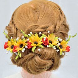 Sunflowers, red roses, baby's breath, yellow-green greenery hair pins. Wedding hair pieces. Bridal hair accessories