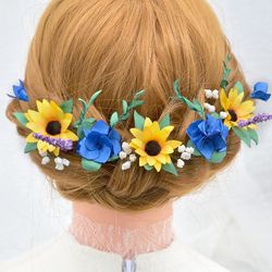 Sunflower, royal blue hydrangeas, babys' breath, lavender, greenery hair pins, floral bridal hair pieces, hair accessory