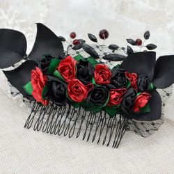 Black and dark red (burgundy) roses gothic hair comb. Decorative flower bridal hair piece