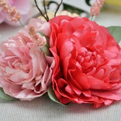 Peonies and tulips hair pieces, handmade artificial flower hair clip, hair accessories, satin ribbon flowers, barrette
