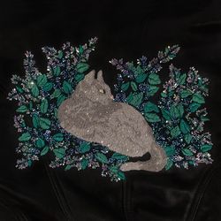 Grey cat and flowers beaded and embroidered diy haute couture applique patch trim for clothing. Sewing embellishment