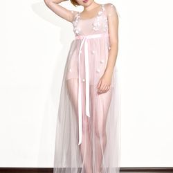 Long light pink sheer robe peignoir with empire high waist. Embroidered with beads and cherry / apple blossom.