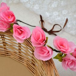 Pink magnolia flower crown. Exotic tropical hawaiian headband. Head wreath. Wedding headpiece