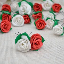 Small red and white roses hair pins. Flowers hair accessories. Boho hair piece. Decorative wedding barettes